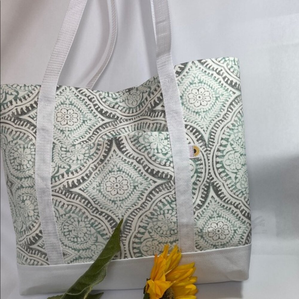 White and Turquoise Mandela Pattern Fabric Tote Bag Stylish Patterned Tote Bag - Picture 7 of 7
